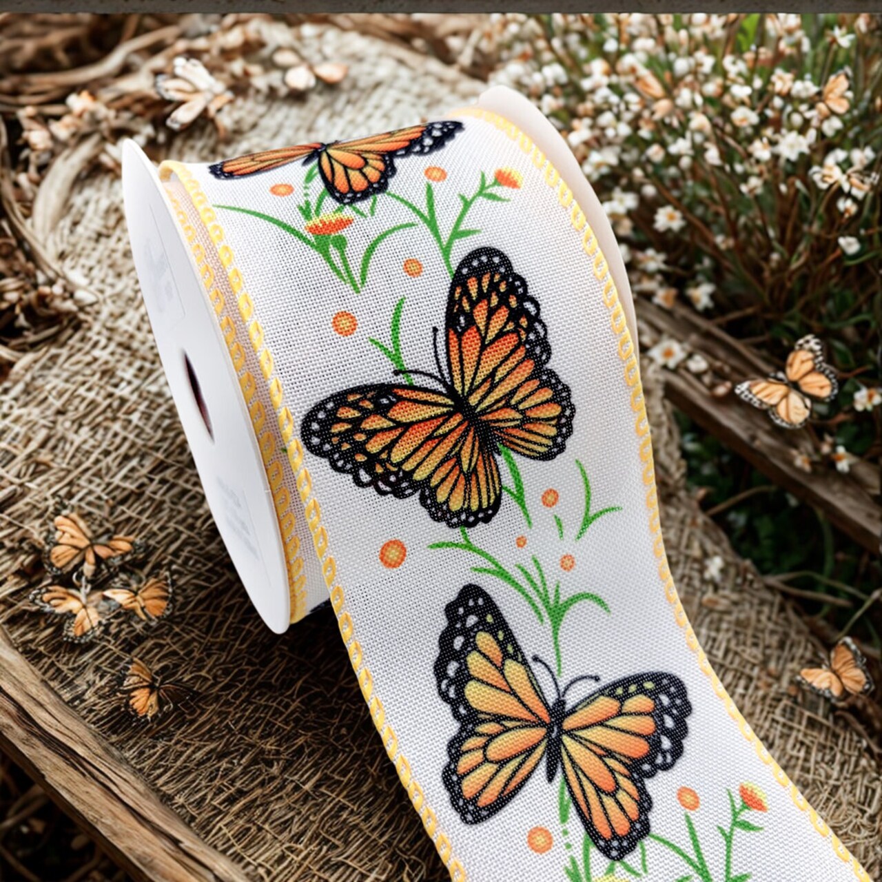 Designer’s Shop Monarch Butterfly Wired Ribbon – 2.5 Inch x 10 Yards, White Canvas Ribbon with Orange Butterfly & Floral Print, WR 63-5234